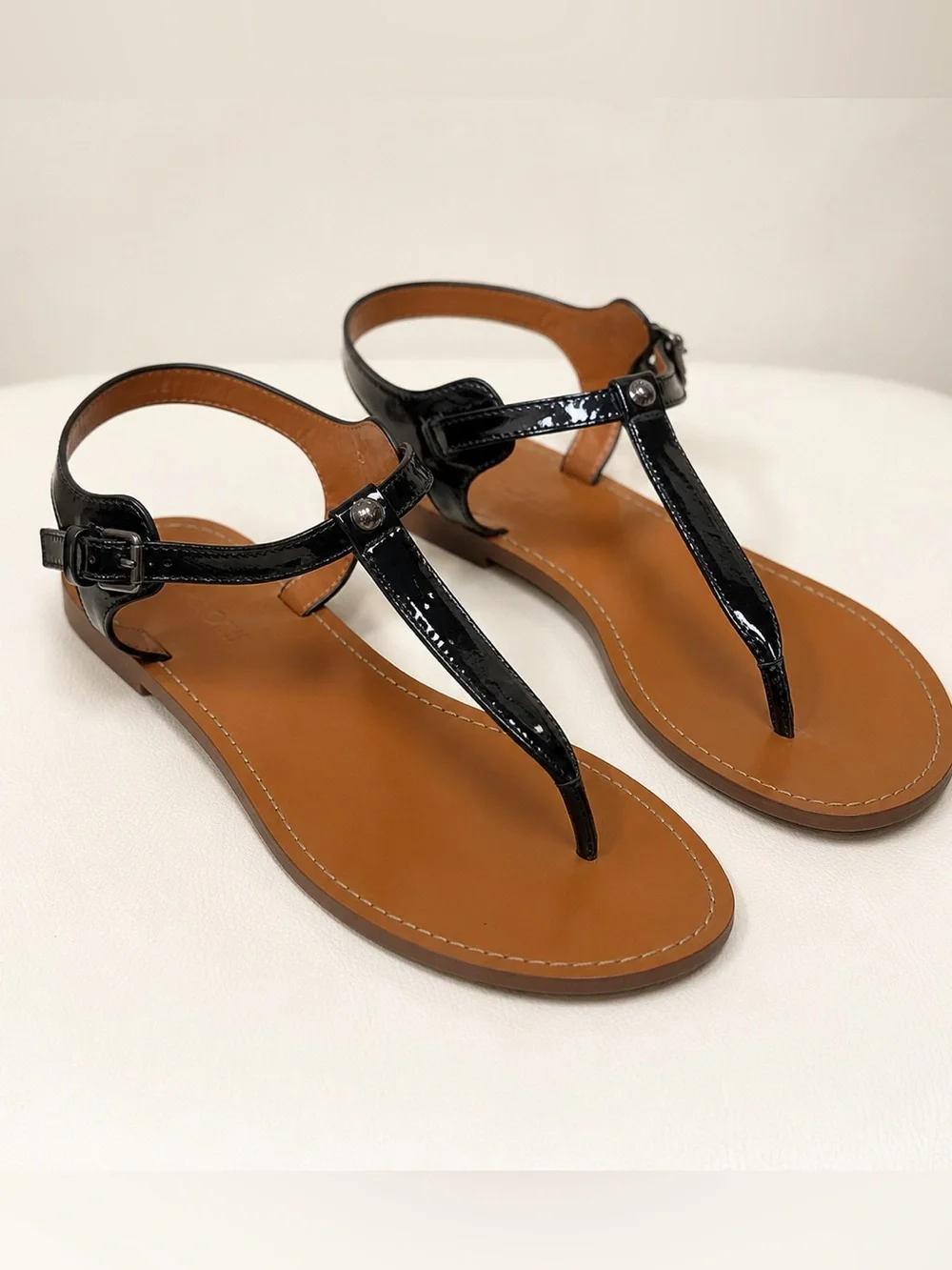 Coach Black Patent T-Strap Sandals with Tan Footbed
